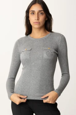 Elisabetta Franchi Maglia Tricot Misto Seta con Ricamo LogoGRIGIO MELANGE
