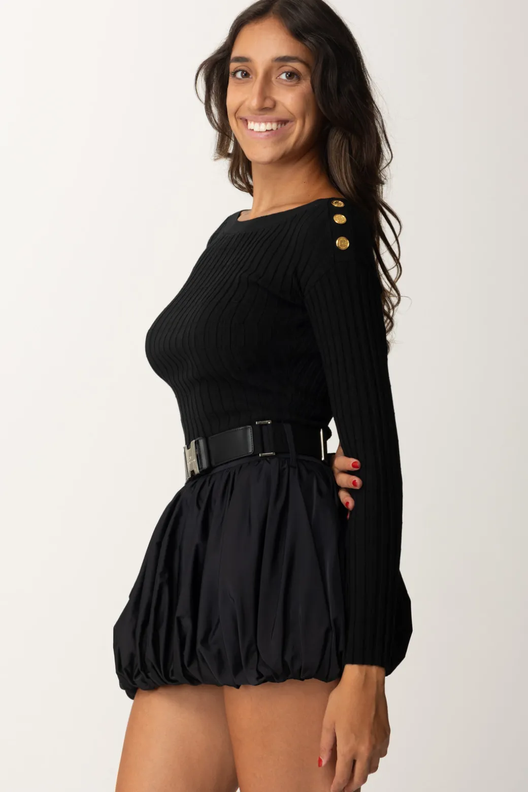 Elisabetta Franchi Maglia Cropped a Coste con BottonieraNERO