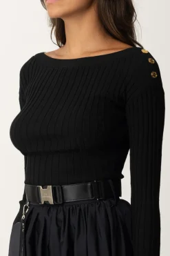 Elisabetta Franchi Maglia Cropped a Coste con BottonieraNERO