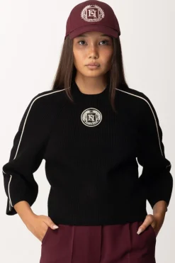 Elisabetta Franchi Maglia Cropped In Viscosa con Patch LogoNERO/BURRO