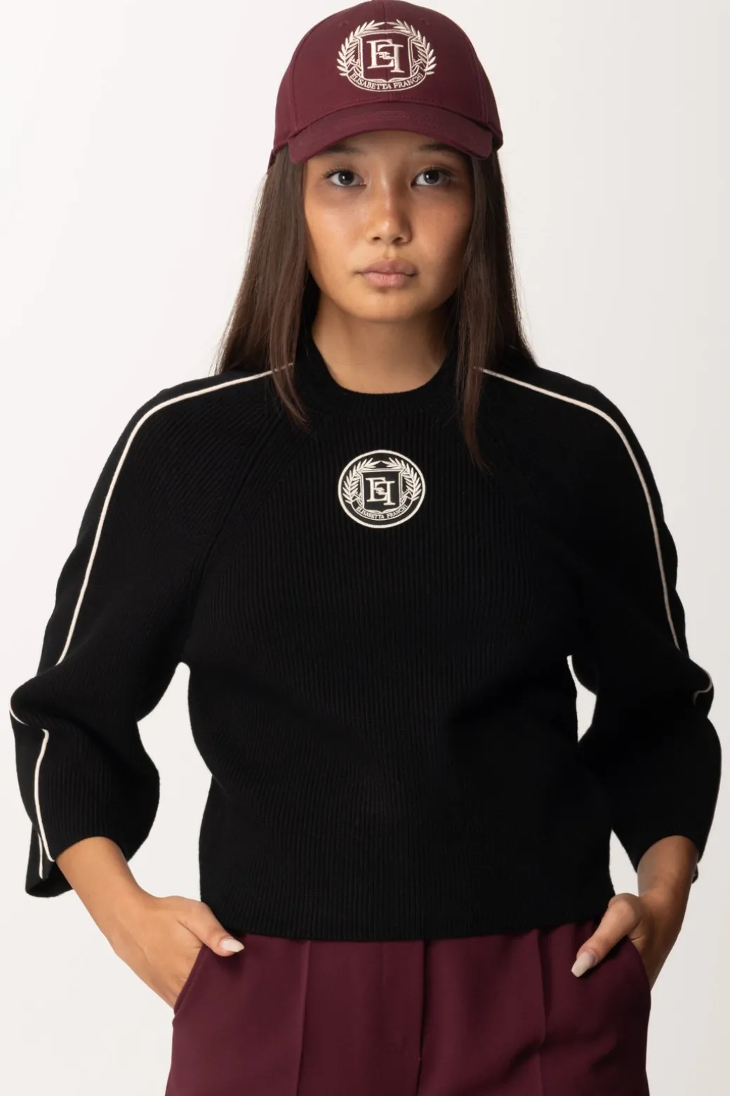 Elisabetta Franchi Maglia Cropped In Viscosa con Patch LogoNERO/BURRO