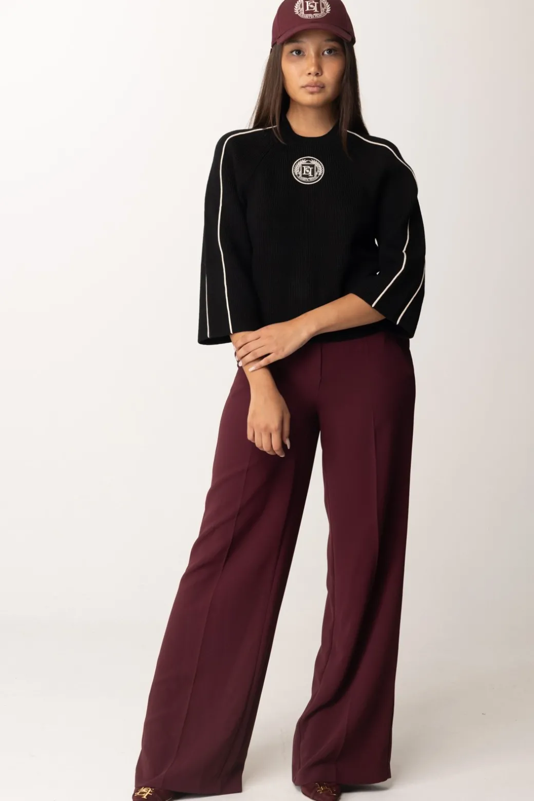 Elisabetta Franchi Maglia Cropped In Viscosa con Patch LogoNERO/BURRO