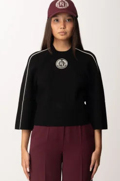 Elisabetta Franchi Maglia Cropped In Viscosa con Patch LogoNERO/BURRO