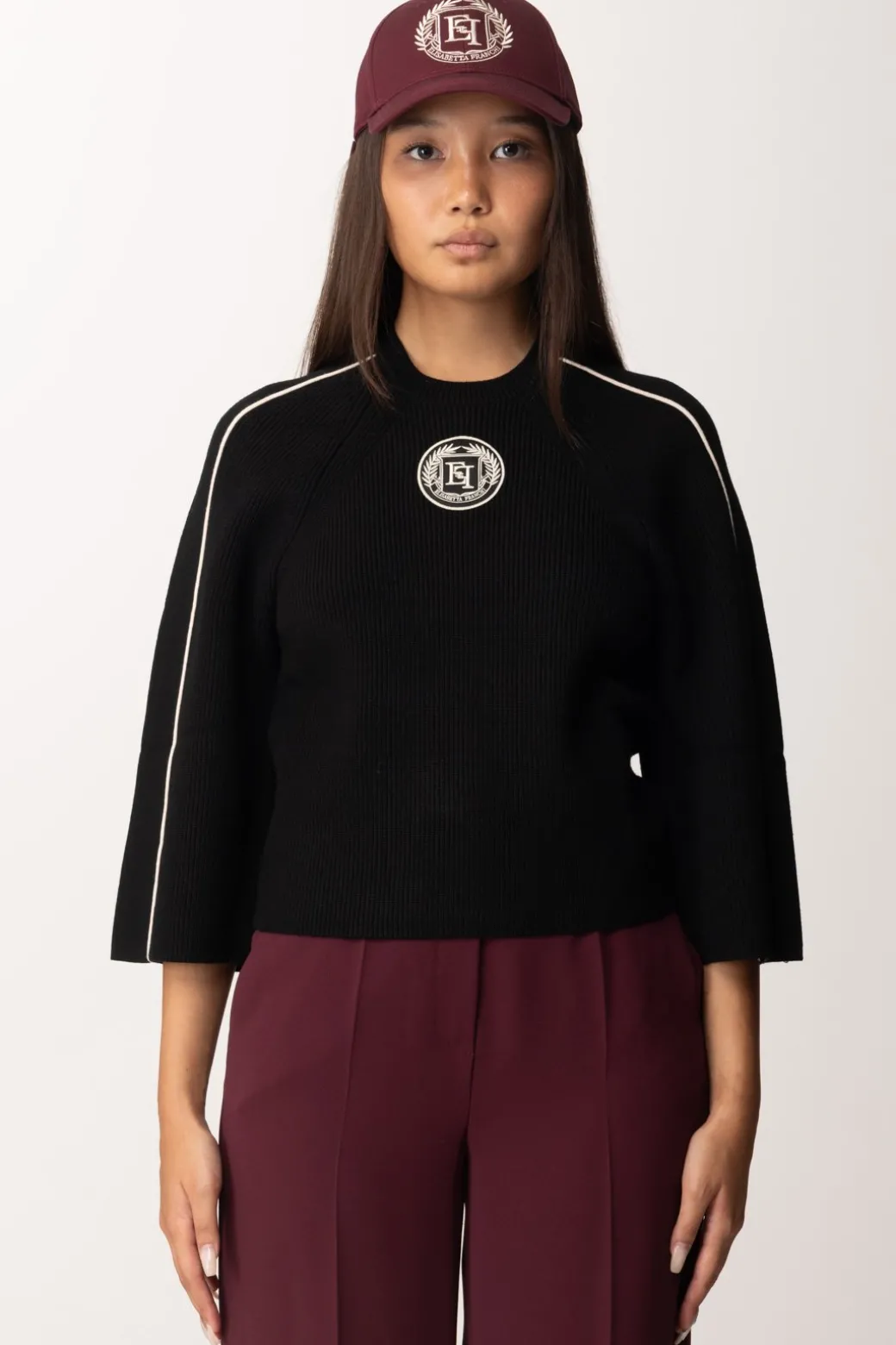 Elisabetta Franchi Maglia Cropped In Viscosa con Patch LogoNERO/BURRO