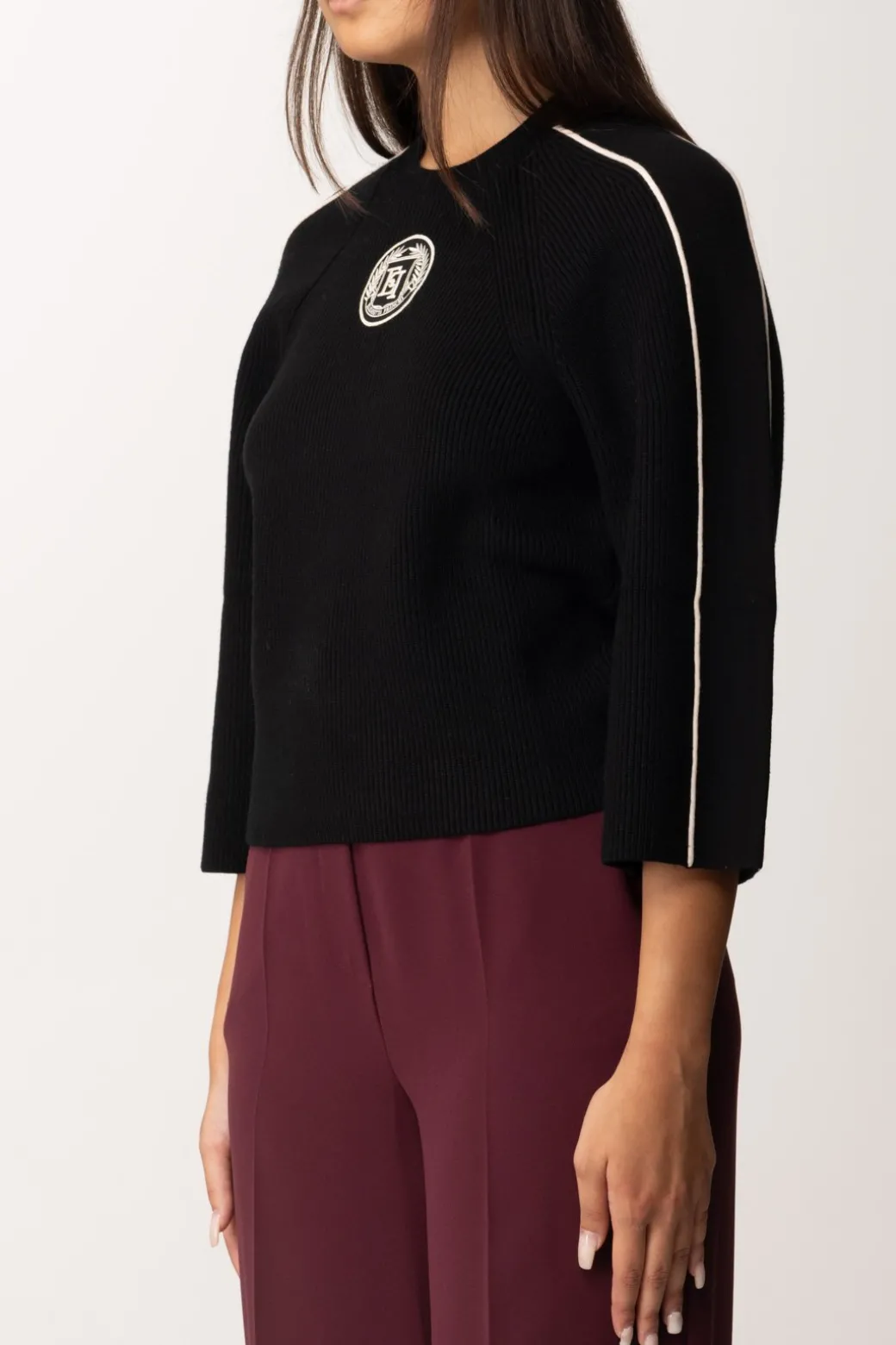 Elisabetta Franchi Maglia Cropped In Viscosa con Patch LogoNERO/BURRO