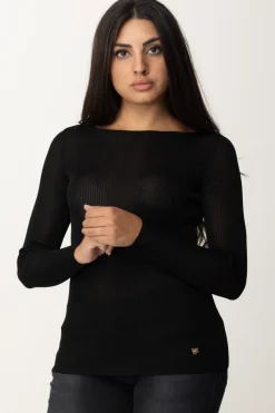 Elisabetta Franchi Maglia In Viscosa a Costine con Placca LogoNERO