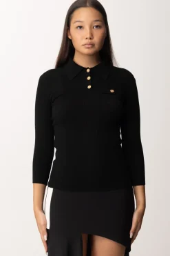 Elisabetta Franchi Maglia Polo In Costine con Ricamo LogoNERO