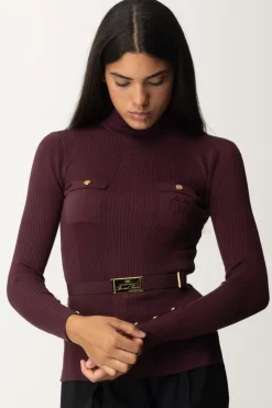 Elisabetta Franchi Maglia Dolcevita a Costine con Ricamo LogoROUGE NOIR