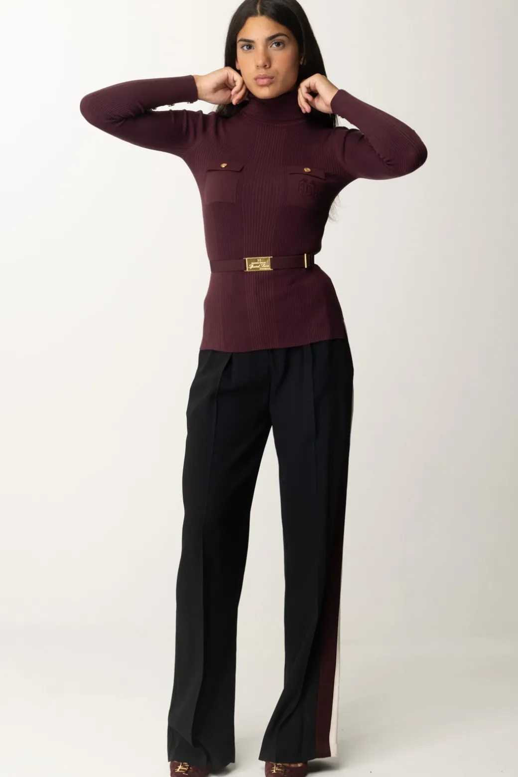 Elisabetta Franchi Maglia Dolcevita a Costine con Ricamo LogoROUGE NOIR