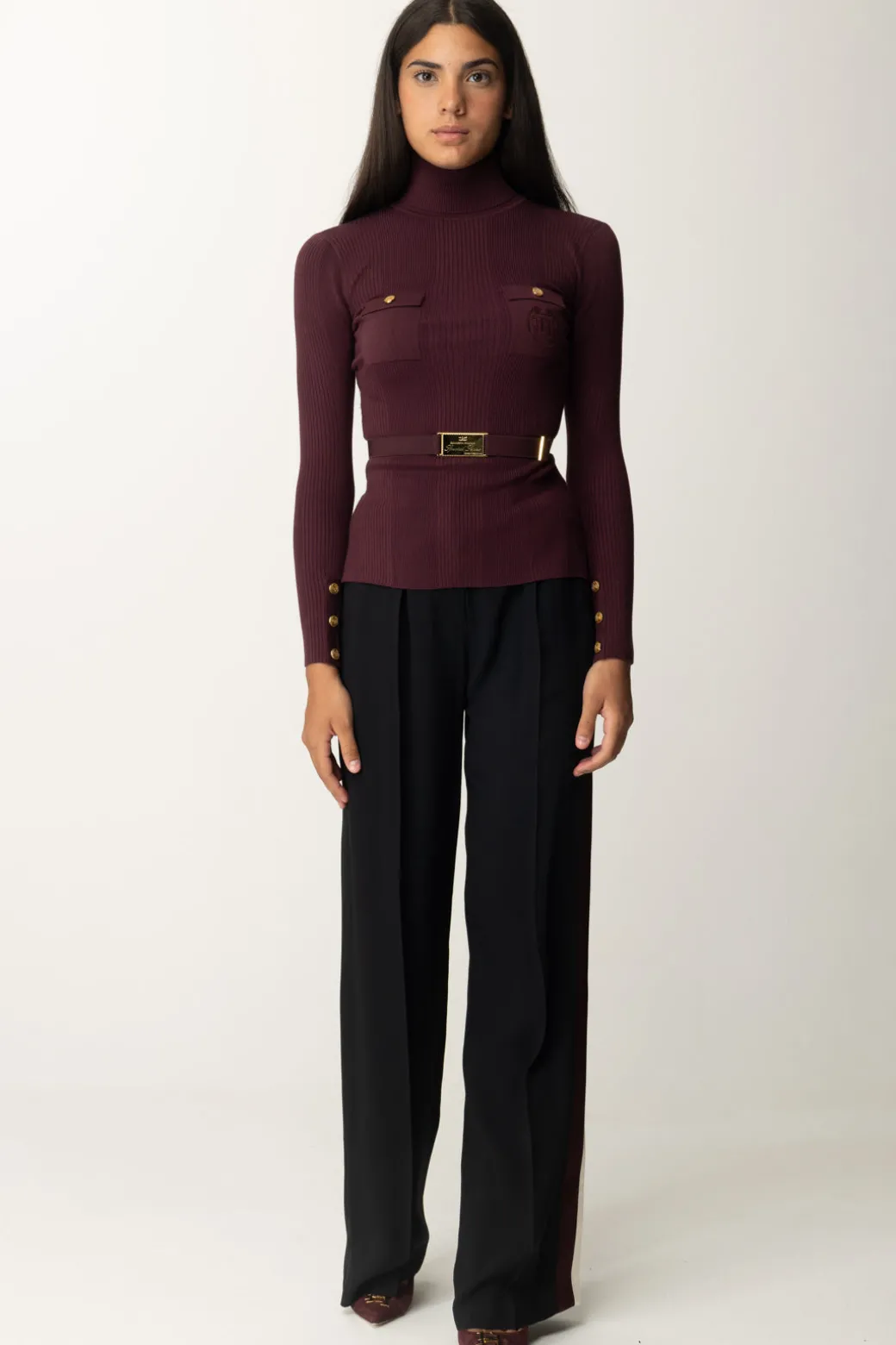 Elisabetta Franchi Maglia Dolcevita a Costine con Ricamo LogoROUGE NOIR