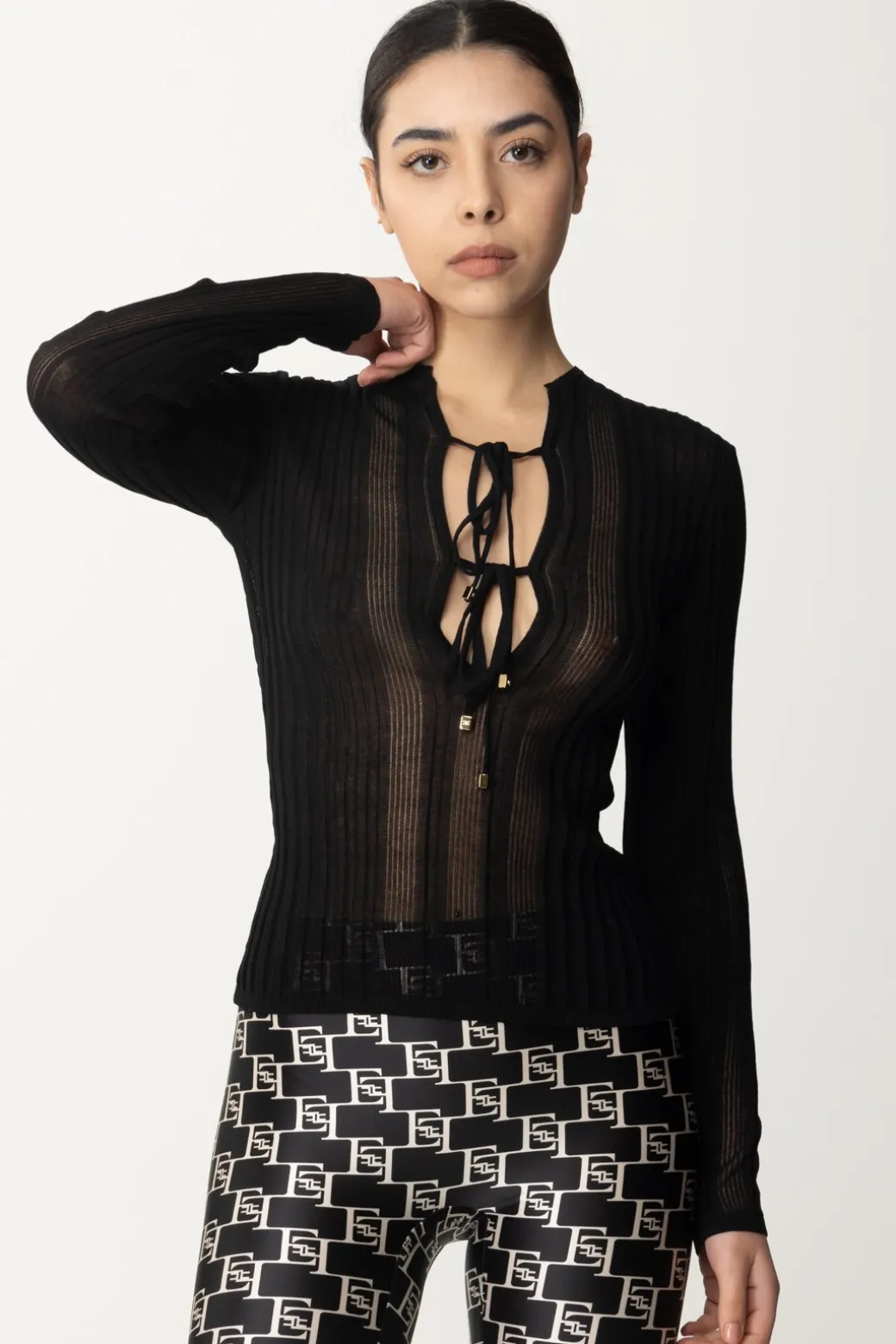 Elisabetta Franchi Maglia a Coste con Scollatura Criss CrossNERO
