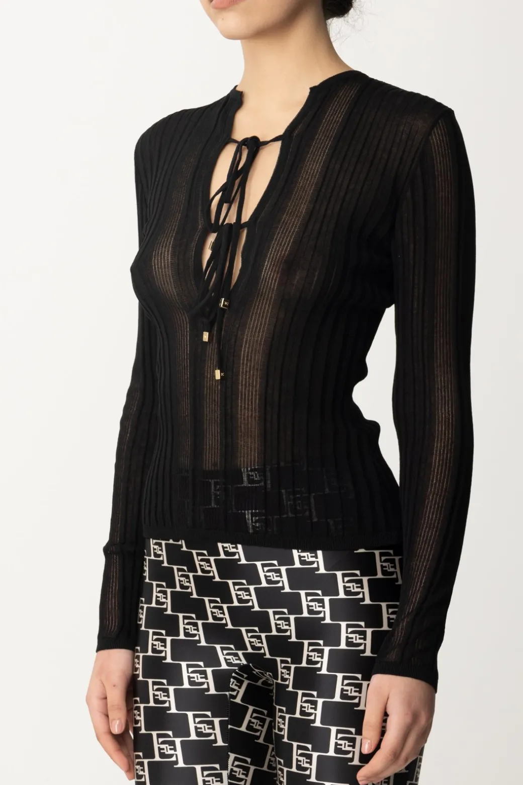 Elisabetta Franchi Maglia a Coste con Scollatura Criss CrossNERO