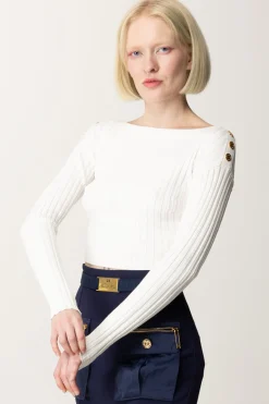 Elisabetta Franchi Maglia Cropped a Coste con BottonieraAVORIO