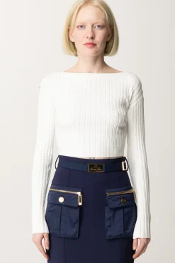 Elisabetta Franchi Maglia Cropped a Coste con BottonieraAVORIO