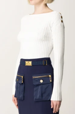 Elisabetta Franchi Maglia Cropped a Coste con BottonieraAVORIO