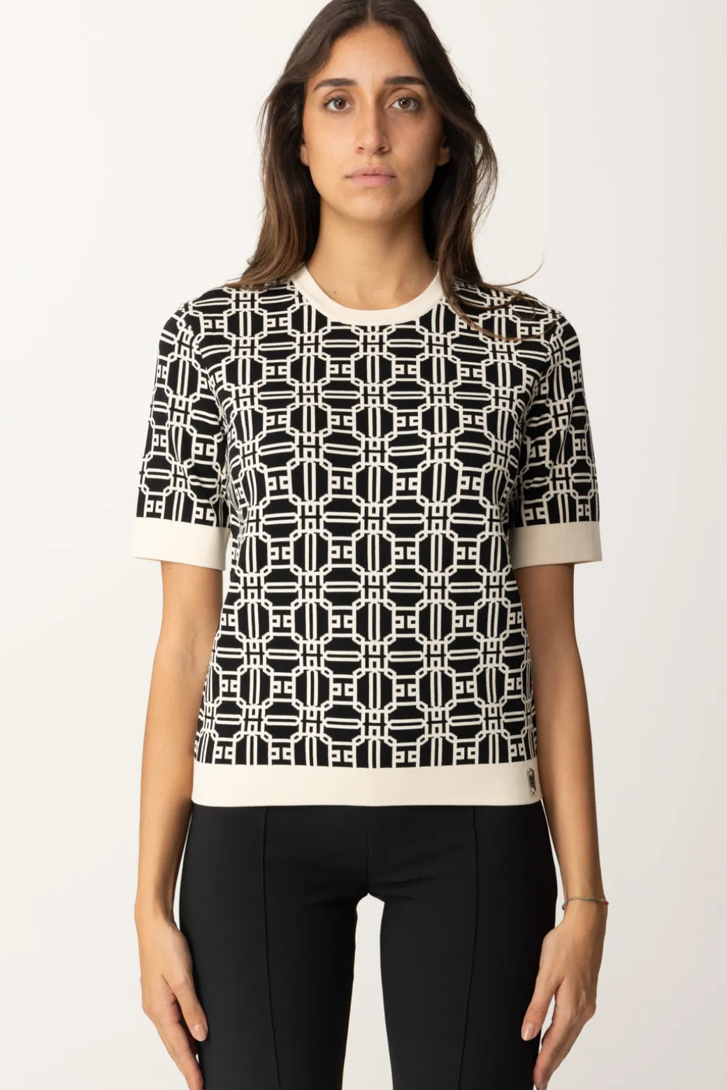 Elisabetta Franchi Maglia Logata a ContrastoNERO/BURRO