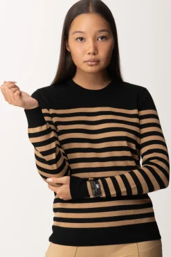 Elisabetta Franchi Maglia a Righe con Etichetta LogoNERO/CAMEL