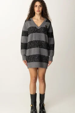 Elisabetta Franchi Maxi Maglia a Righe In Lana con PaillettesSTEEL MELANGE/SILVER