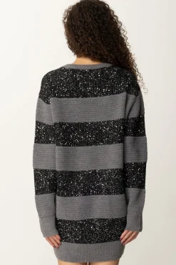 Elisabetta Franchi Maxi Maglia a Righe In Lana con PaillettesSTEEL MELANGE/SILVER