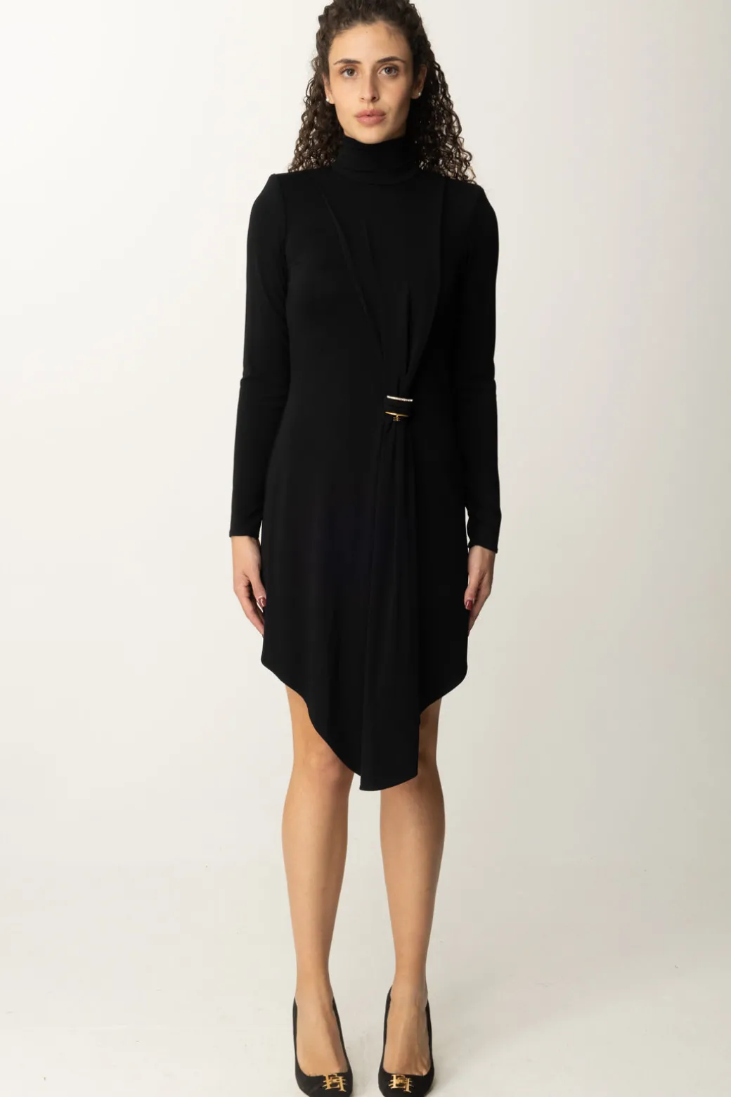 Elisabetta Franchi Miniabito con Drappeggio e Accessorio GioielloNERO