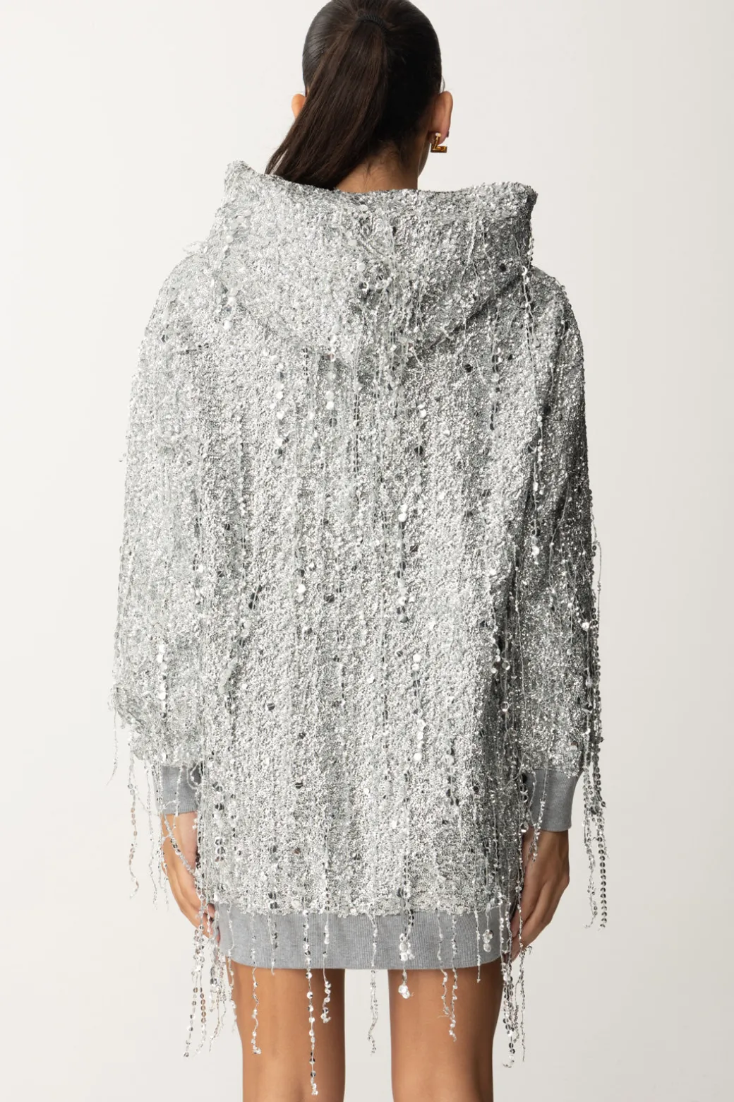 Elisabetta Franchi Miniabito In Felpa con Cappuccio e Frange Di PaillettesSILVER/GRIGIO MELANGE