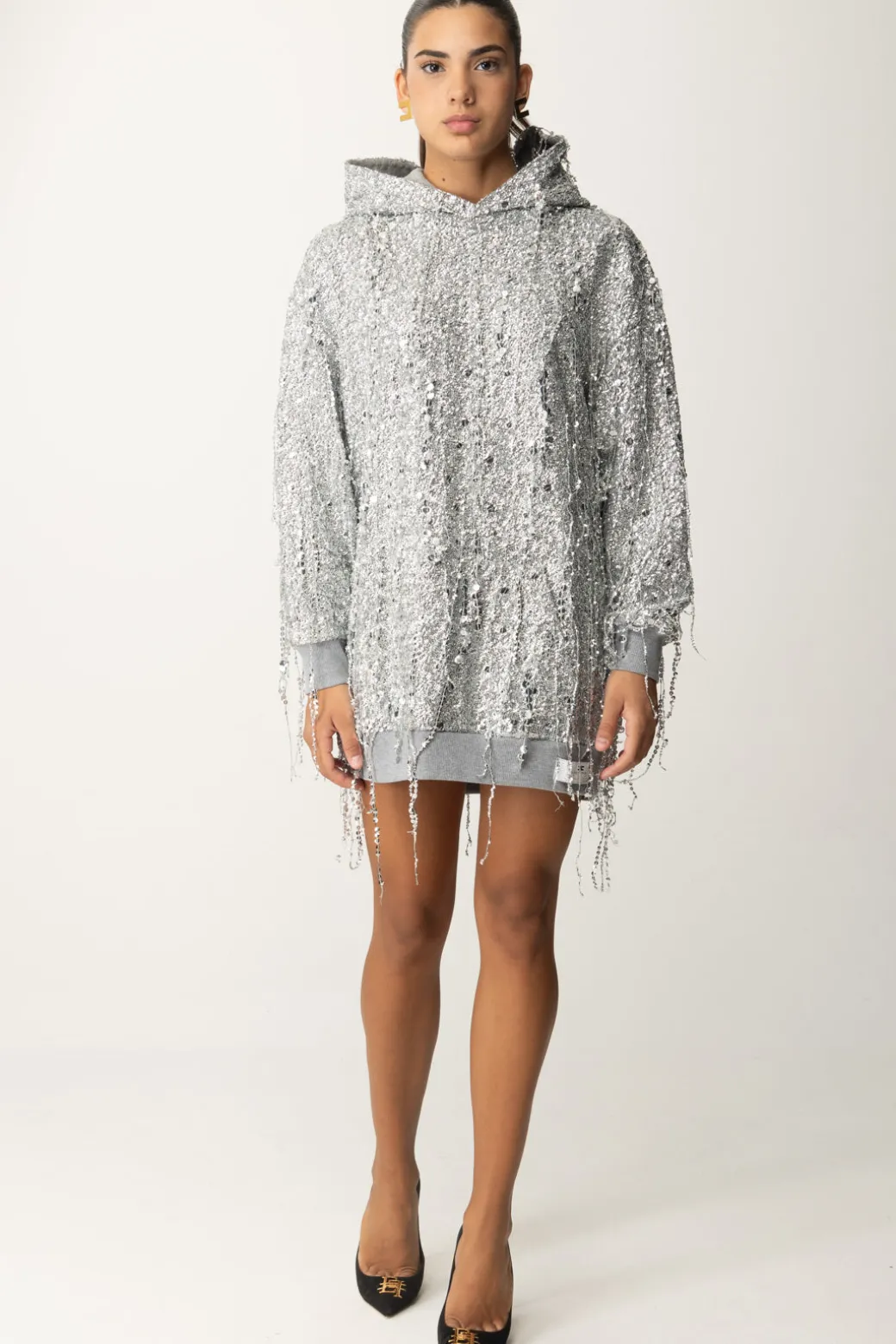 Elisabetta Franchi Miniabito In Felpa con Cappuccio e Frange Di PaillettesSILVER/GRIGIO MELANGE