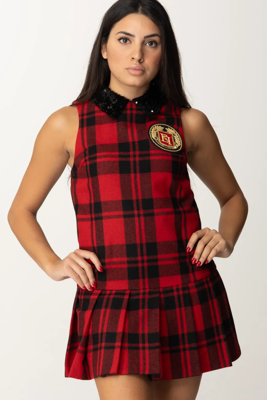 Elisabetta Franchi Miniabito Tartan con Patch RicamatoNERO/RED PASSION