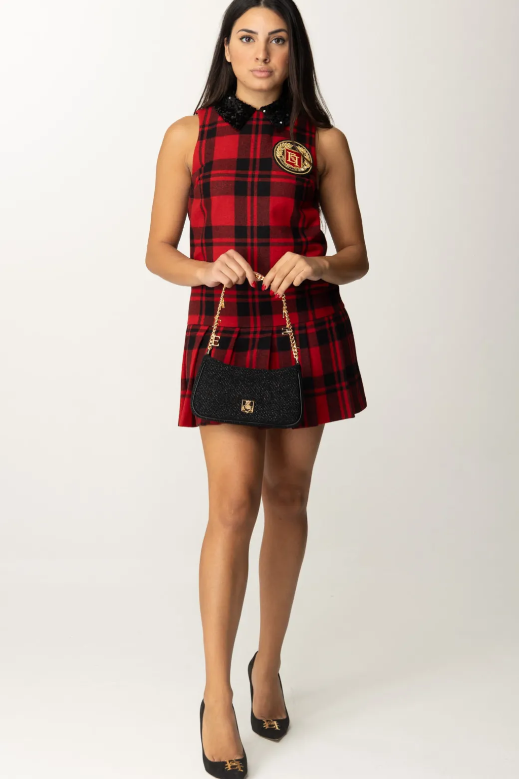 Elisabetta Franchi Miniabito Tartan con Patch RicamatoNERO/RED PASSION