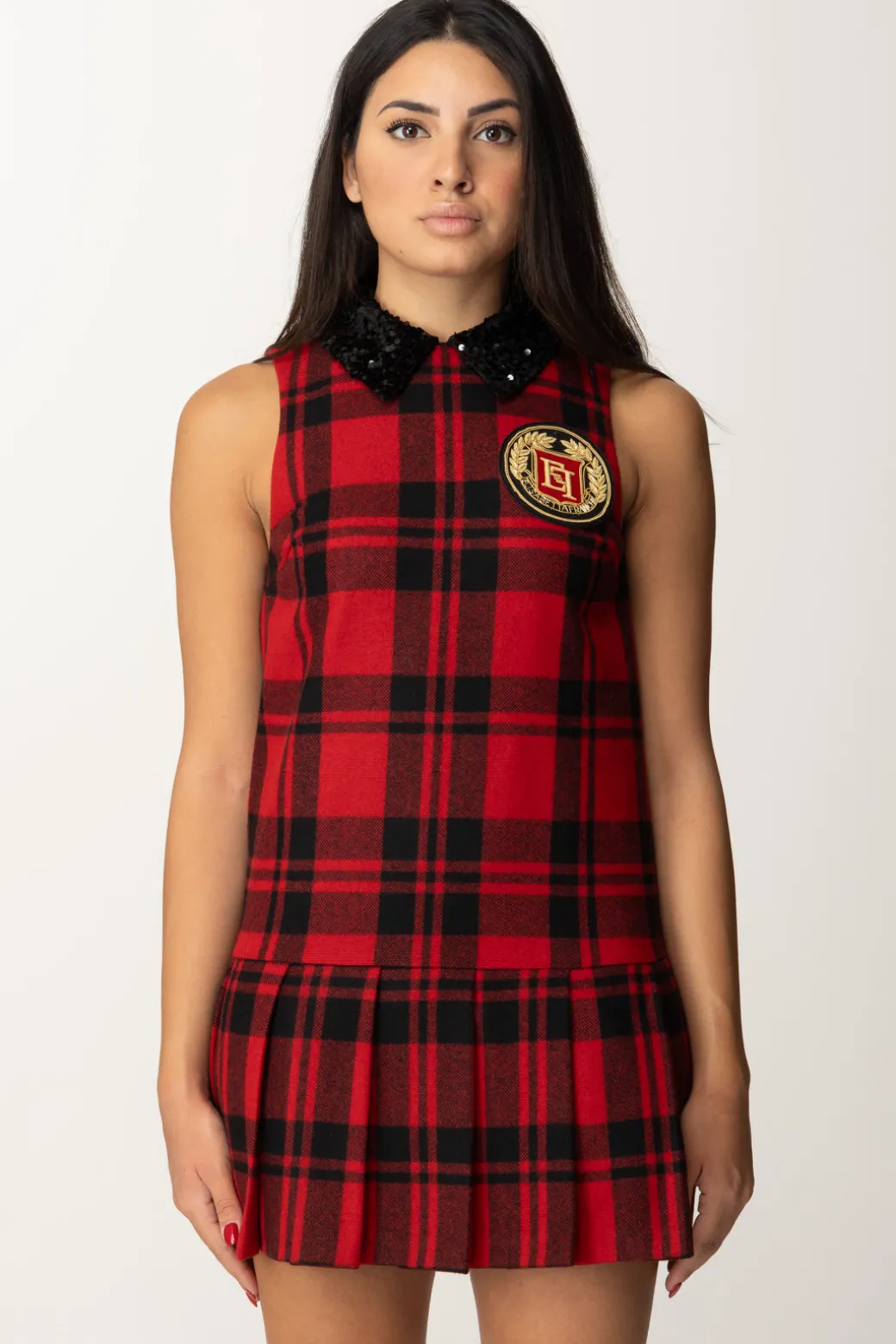 Elisabetta Franchi Miniabito Tartan con Patch RicamatoNERO/RED PASSION