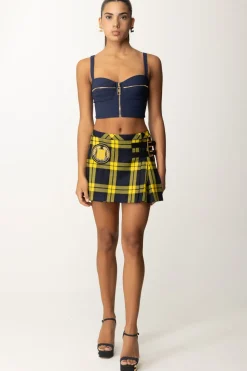 Elisabetta Franchi Minigonna a Pieghe Tartan con PatchNAVY/MIMOSA