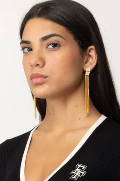 Elisabetta Franchi Orecchini con Placca Logo e FrangeORO GIALLO/AVORIO
