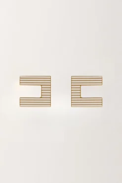 Elisabetta Franchi Orecchini Logo a Righe SmaltateORO GIALLO/AVORIO
