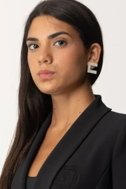 Elisabetta Franchi Orecchini Logo a Righe SmaltateORO GIALLO/AVORIO