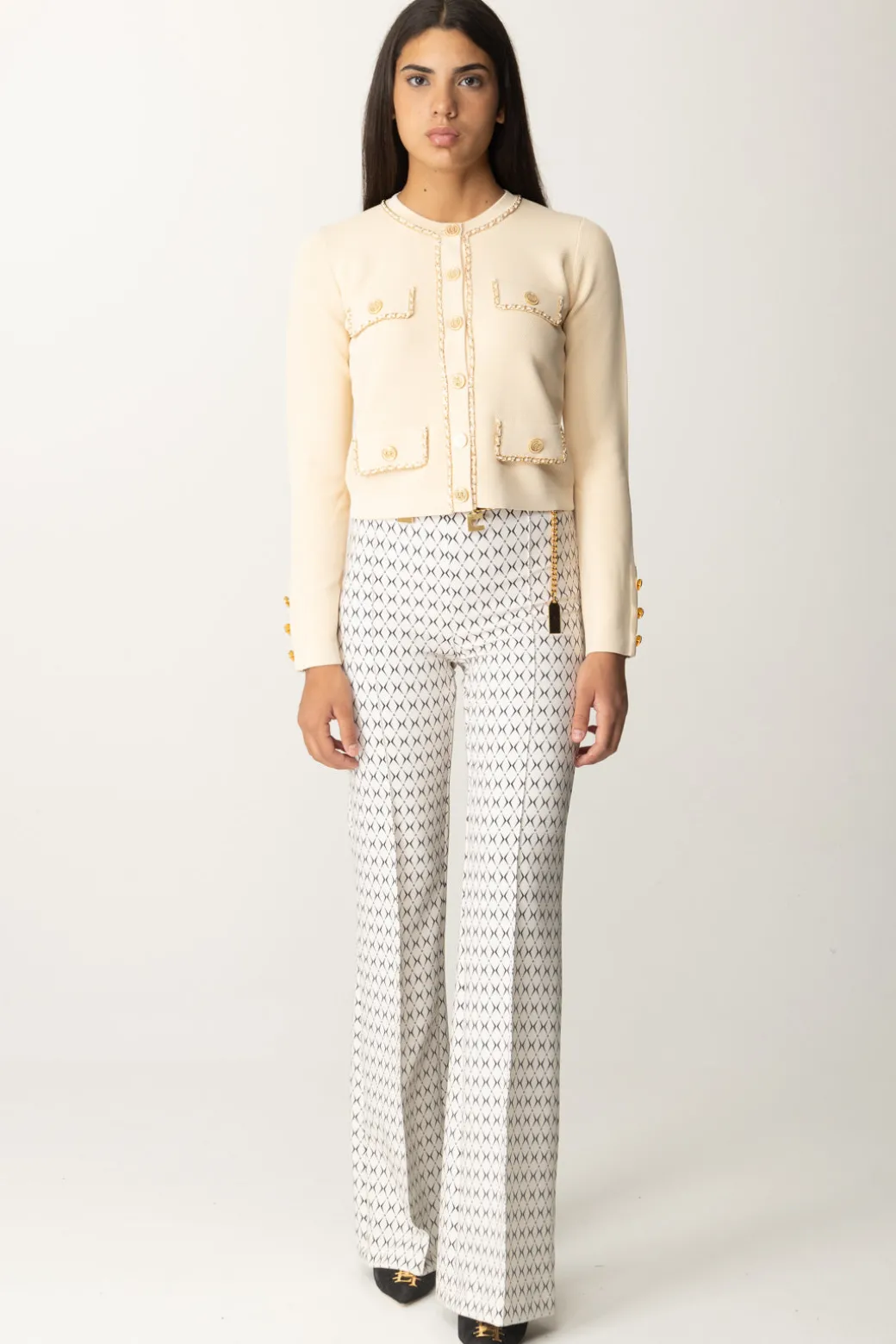 Elisabetta Franchi Pantaloni Stampa Rombo con CatenaBURRO/NERO