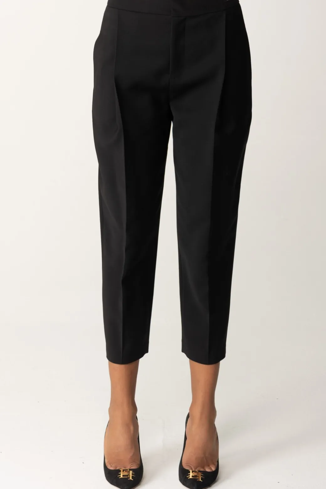 Elisabetta Franchi Pantaloni Crop In Fresco Lana con PincesNERO