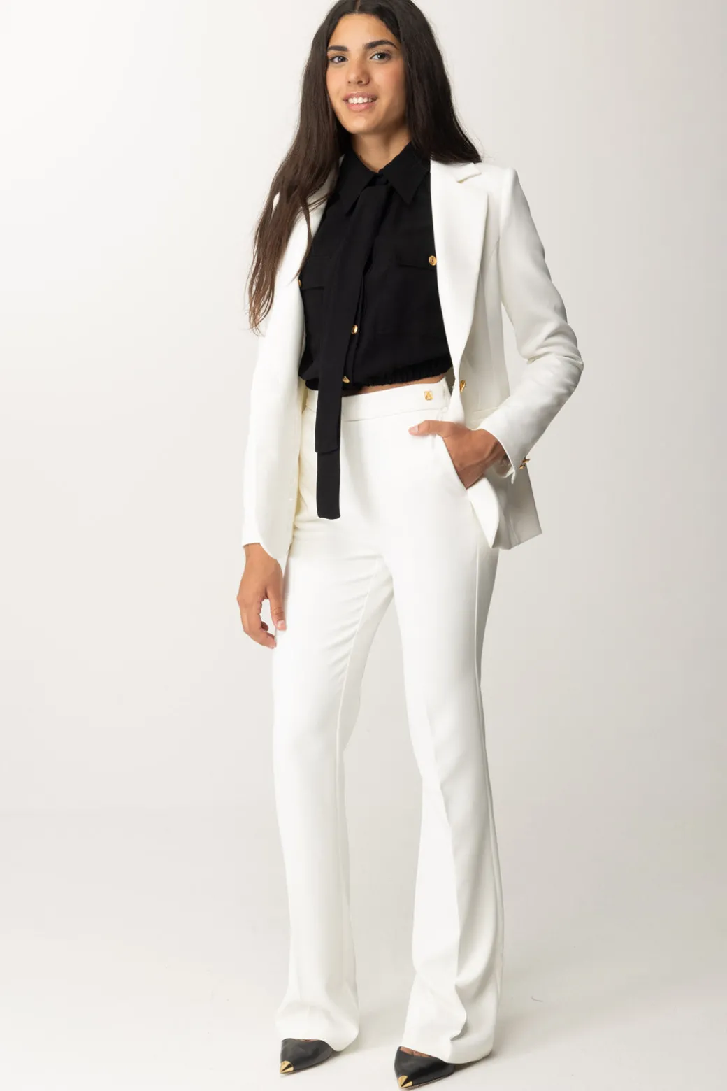 Elisabetta Franchi Pantaloni Flared con Logo In VitaAVORIO