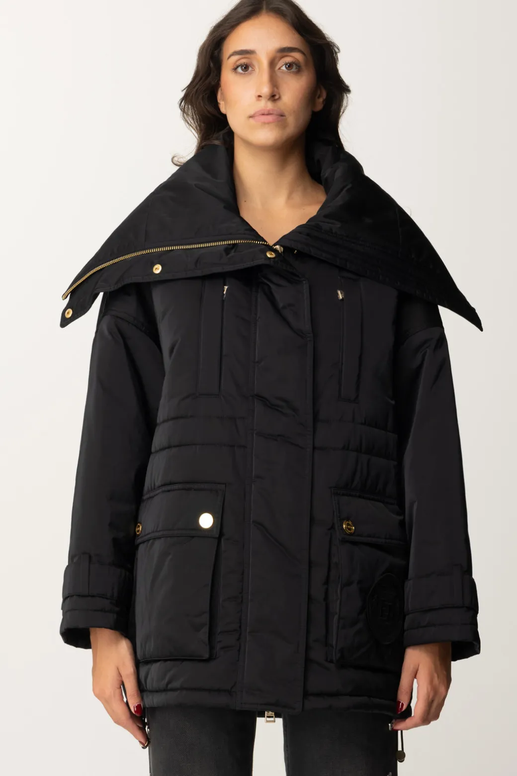 Elisabetta Franchi Piumino Stile Aviatore In Nylon SatinNERO