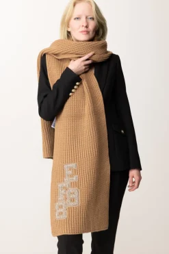Elisabetta Franchi Sciarpa In Lana a Coste con Patch Stile CollegeCAMEL