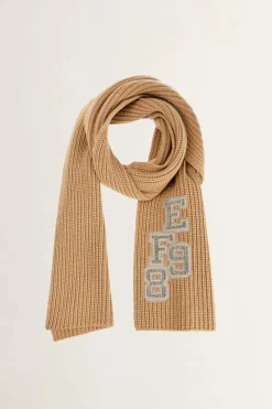 Elisabetta Franchi Sciarpa In Lana a Coste con Patch Stile CollegeCAMEL