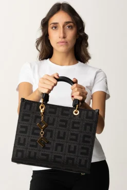 Elisabetta Franchi Shopper Grande In Tessuto Jacquard con CharmsNERO