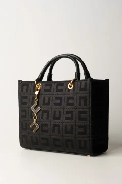 Elisabetta Franchi Shopper Grande In Tessuto Jacquard con CharmsNERO