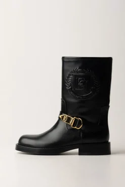 Elisabetta Franchi Stivali Biker con Maxi Logo EmbossedNERO