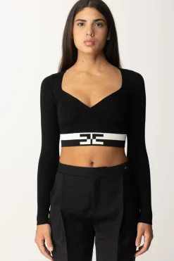 Elisabetta Franchi Top Cropped con Bande LogoNERO/BURRO