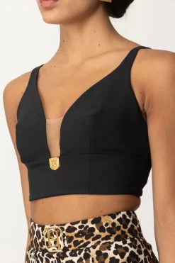 Elisabetta Franchi Top Crop Stretch con Placca LogoNERO