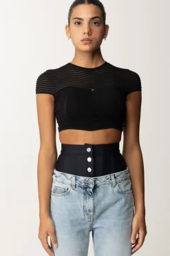 Elisabetta Franchi Top Crop In Maglia con Motivo ChevronNERO