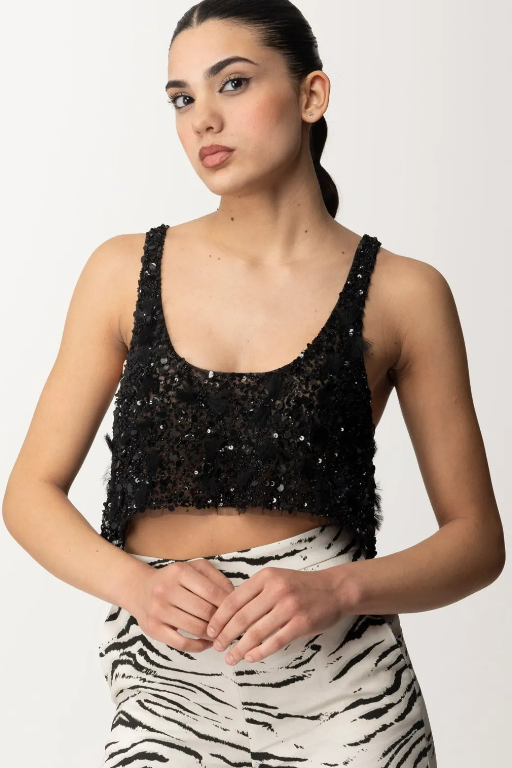 Elisabetta Franchi Top Crop In Tulle con Paillettes e FrangeNERO