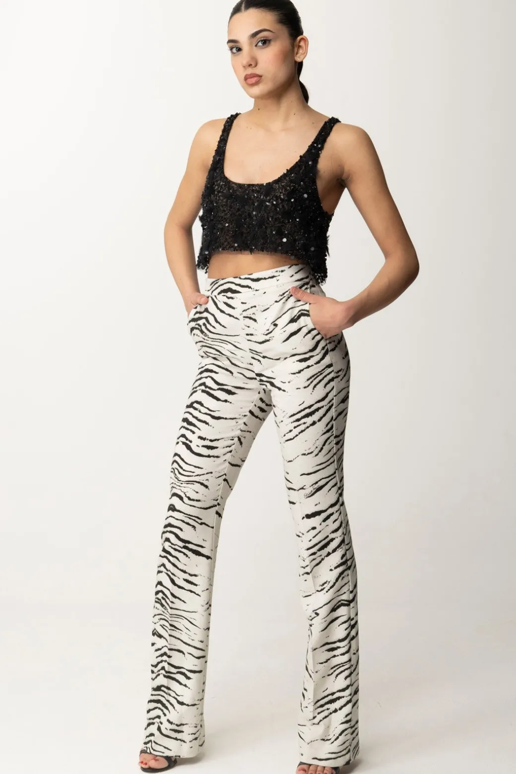 Elisabetta Franchi Top Crop In Tulle con Paillettes e FrangeNERO