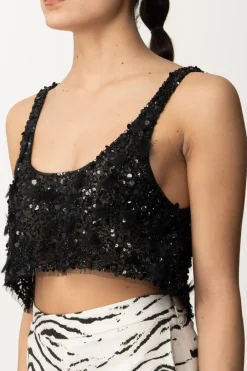 Elisabetta Franchi Top Crop In Tulle con Paillettes e FrangeNERO