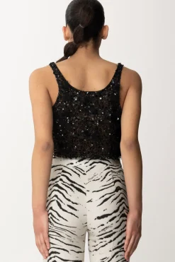 Elisabetta Franchi Top Crop In Tulle con Paillettes e FrangeNERO