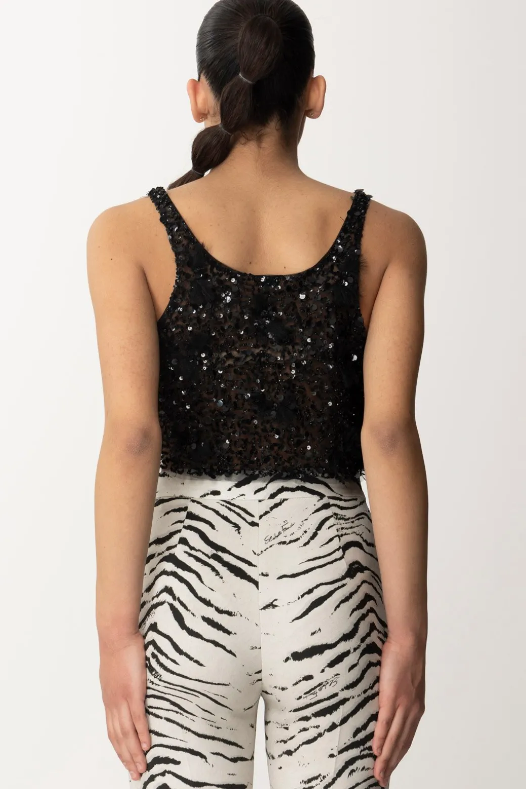 Elisabetta Franchi Top Crop In Tulle con Paillettes e FrangeNERO